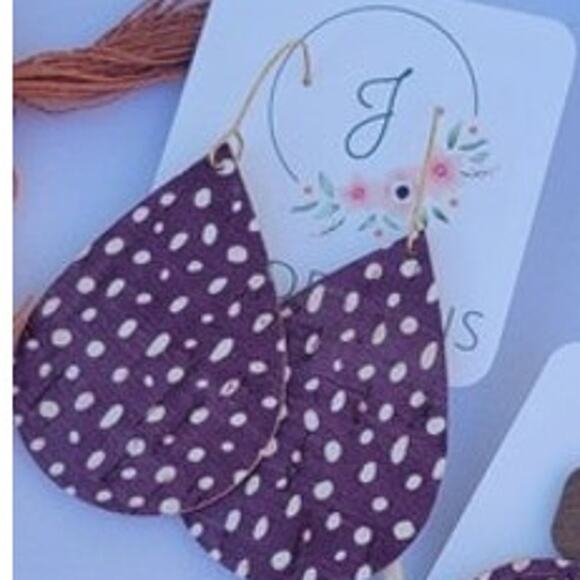 Burgundy Spotted Cork Teardrop Earrings - Picture 1 of 2